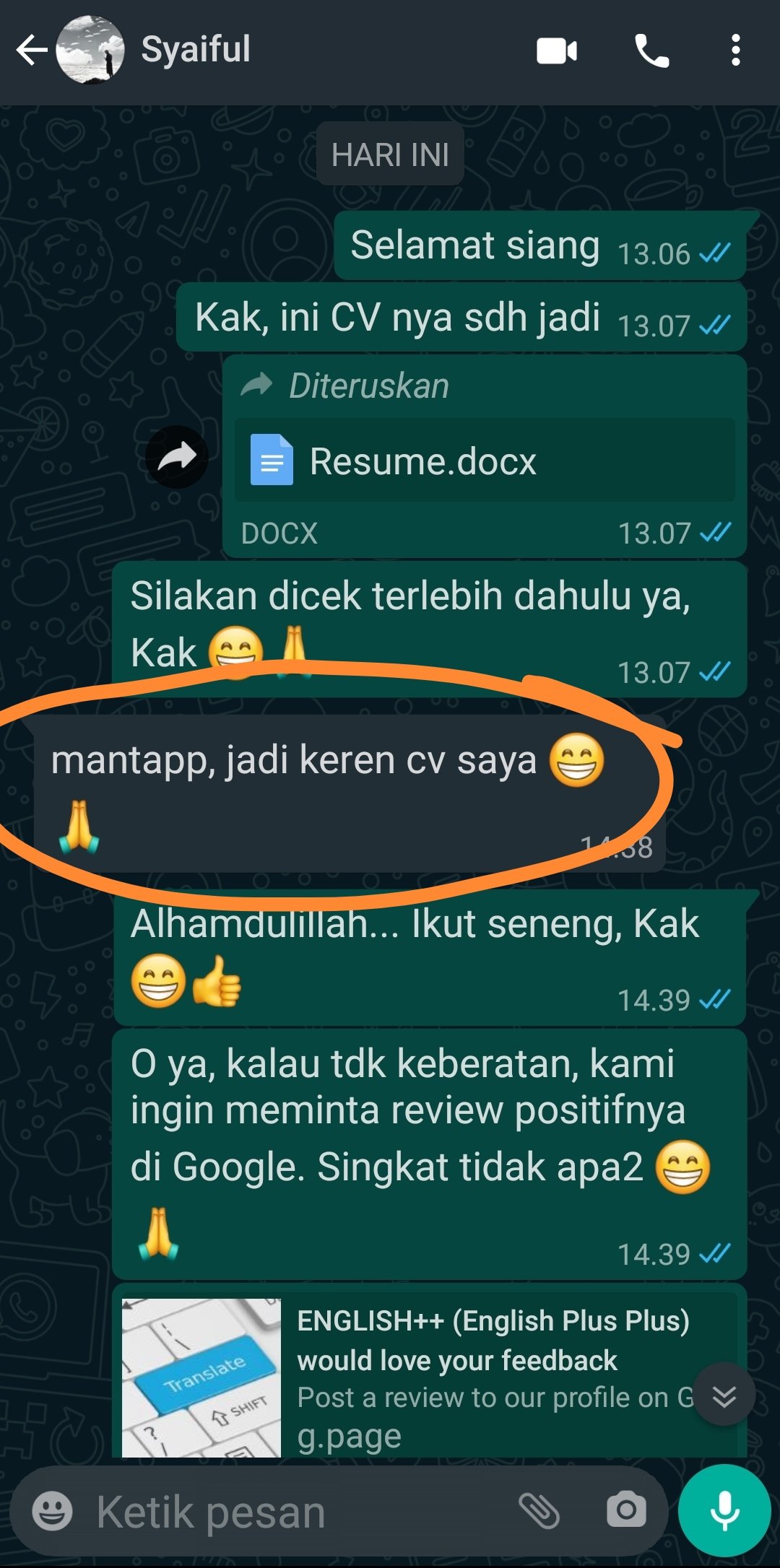 ENGLISH++ - Testimoni Jasa Cover Letter 7